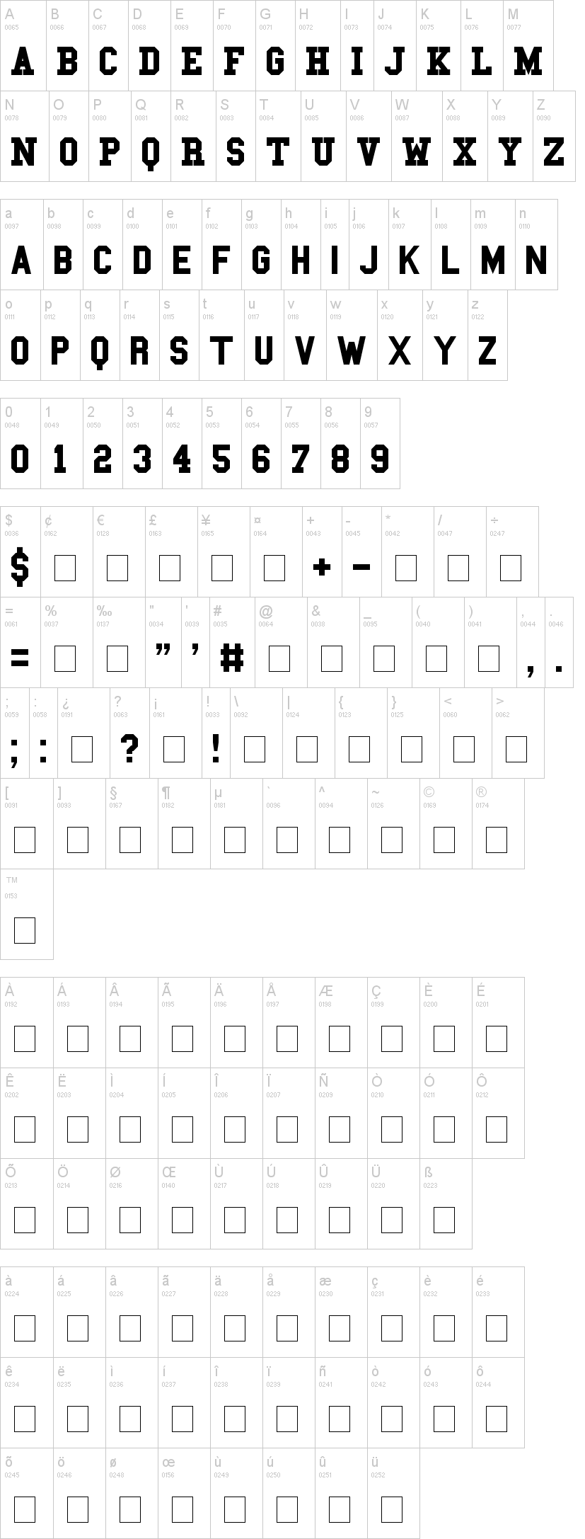 College 字体字形表