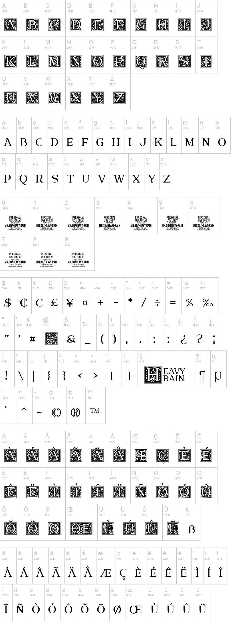 Heavy Rain 字体字形表