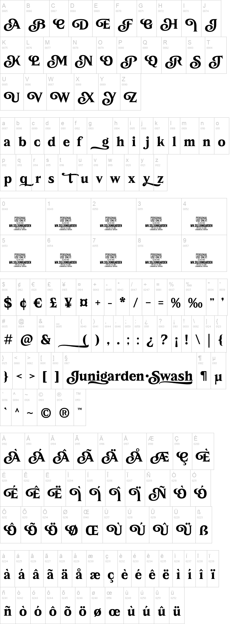 Junigarden Swash 字体字形表