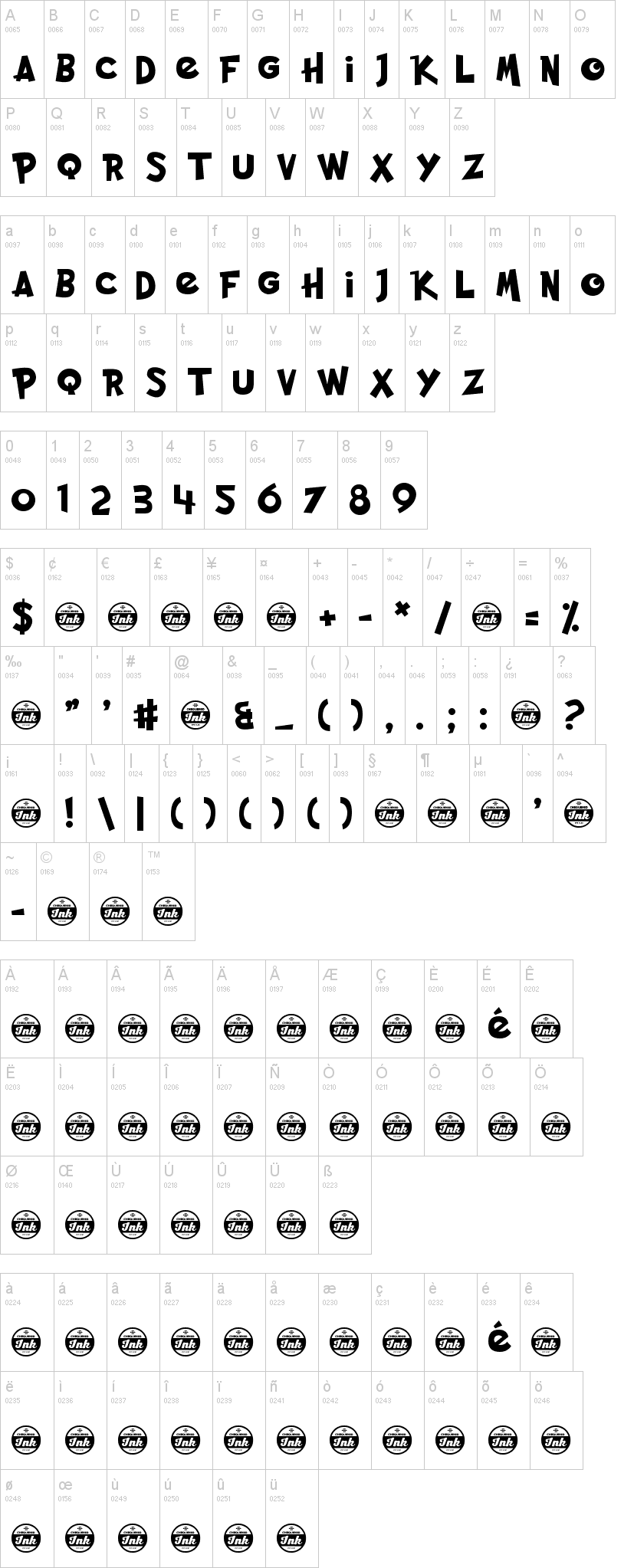 Pocket Monk 字体字形表