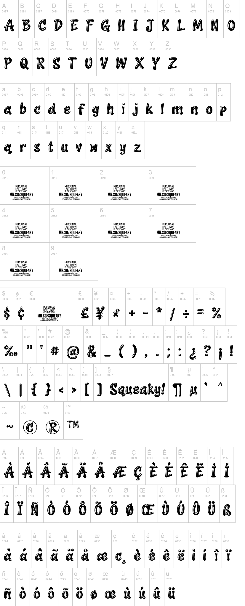 Squeaky 字体字形表