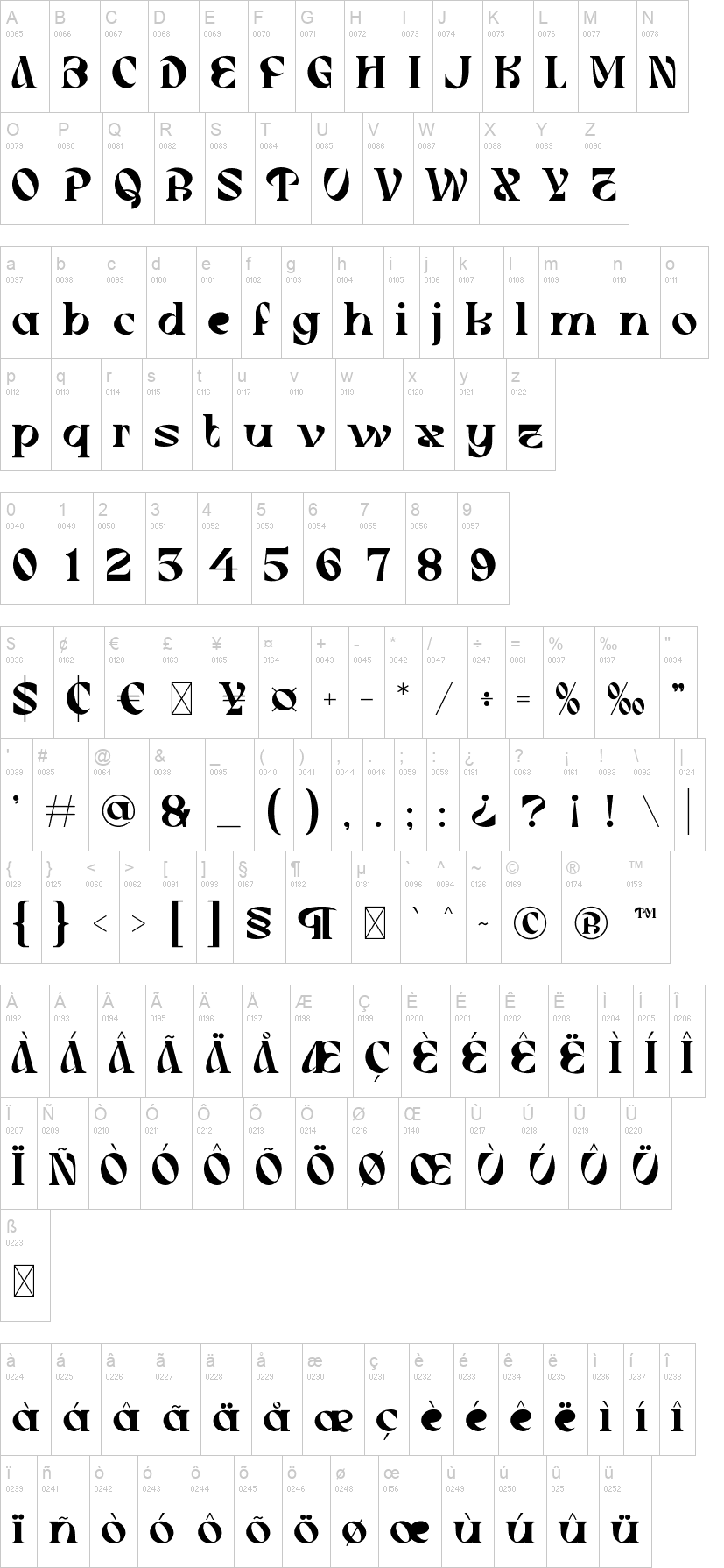 Tarsica 字体字形表