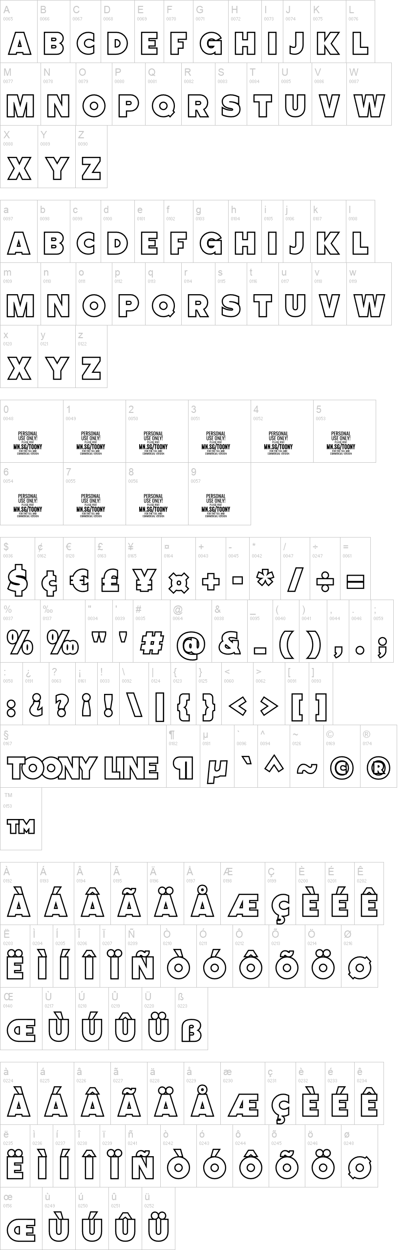Toony Line 字体字形表