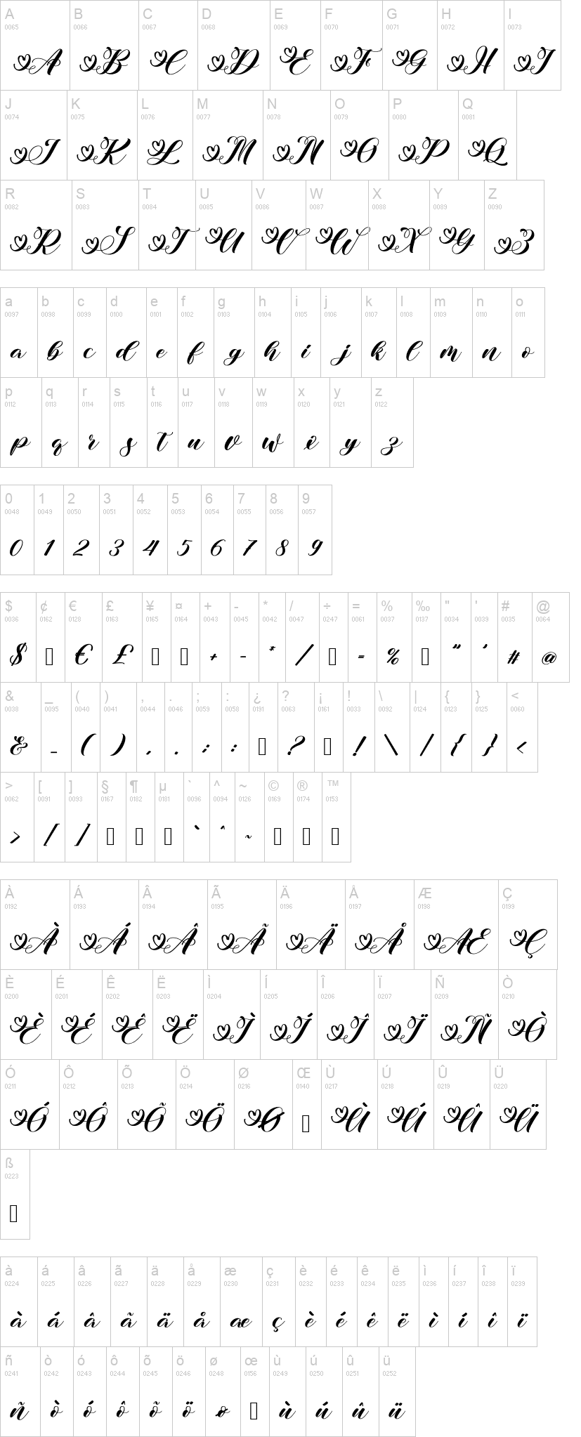 Dreamhearts 字体字形表