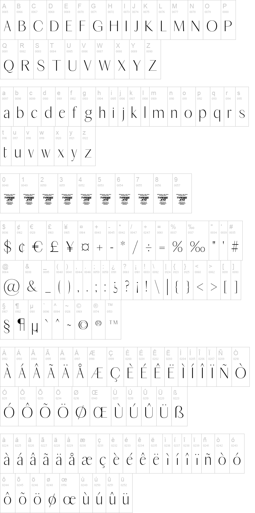 Upstair Sans 字体字形表