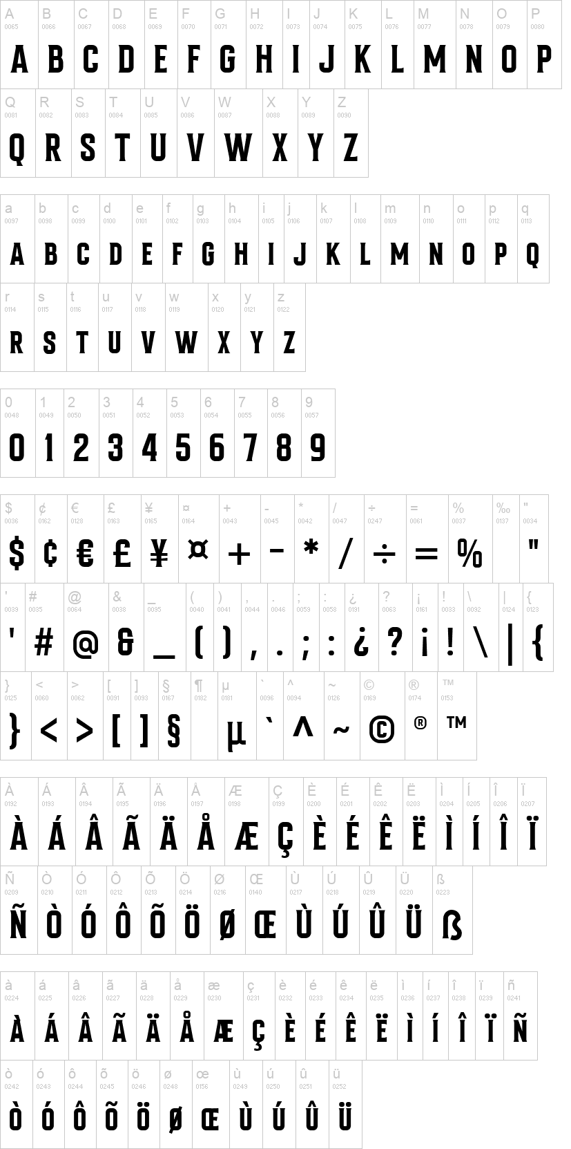 Bondrians 字体字形表