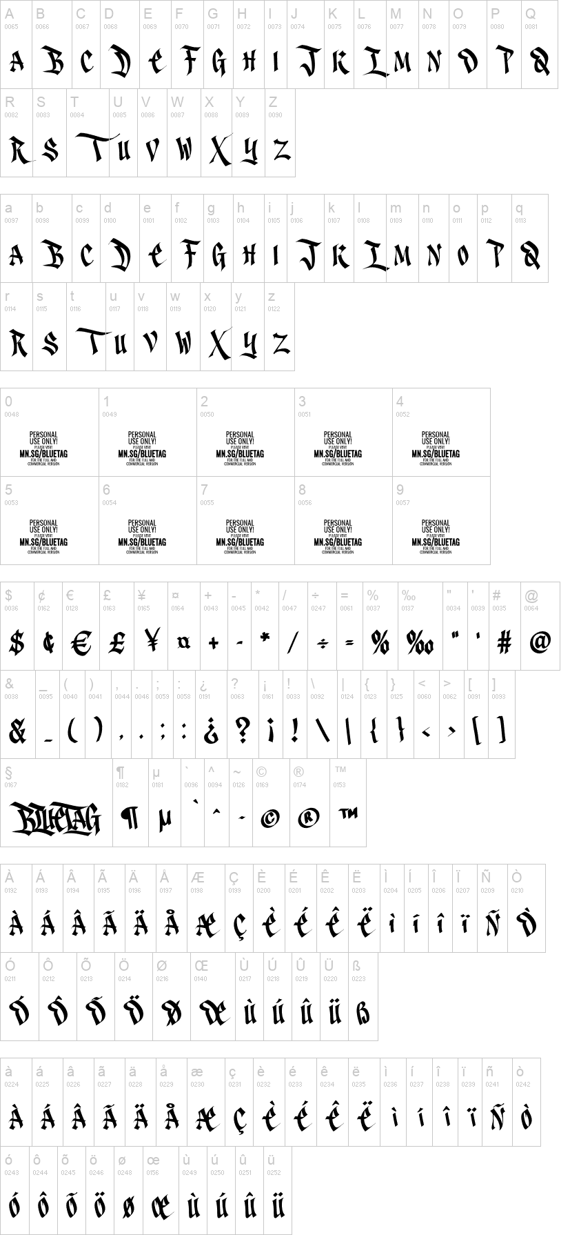 Bluetag 字体字形表