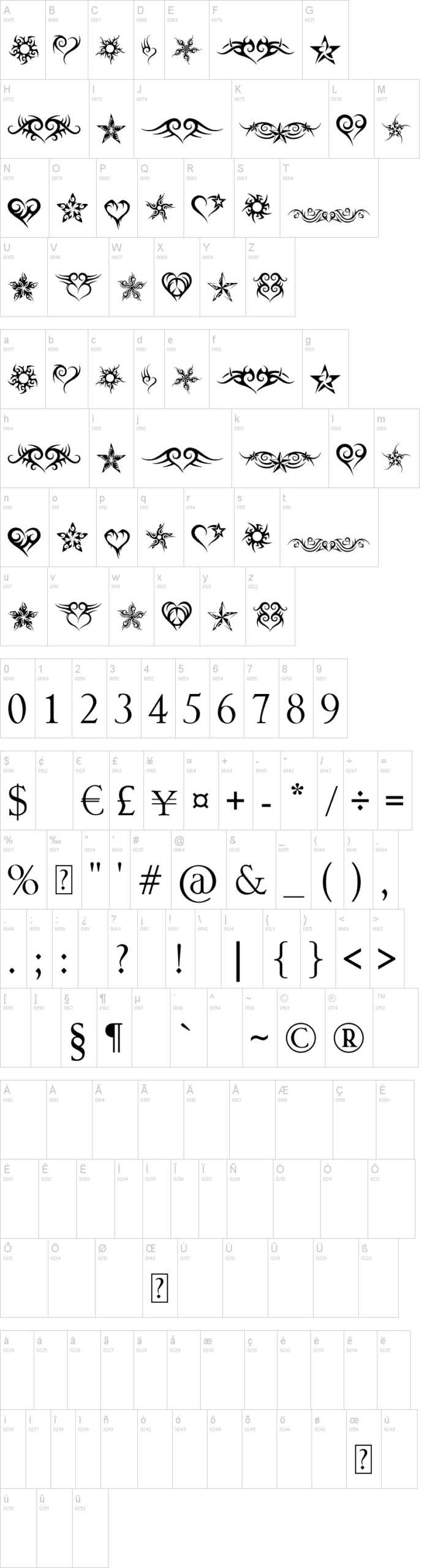 Hearts and Stars 字体字形表