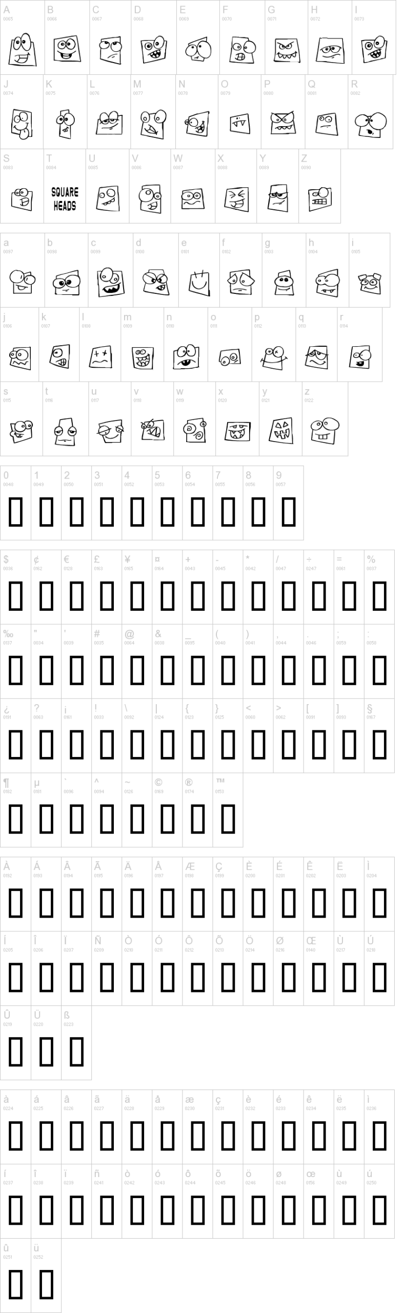 Squareheads 字体字形表