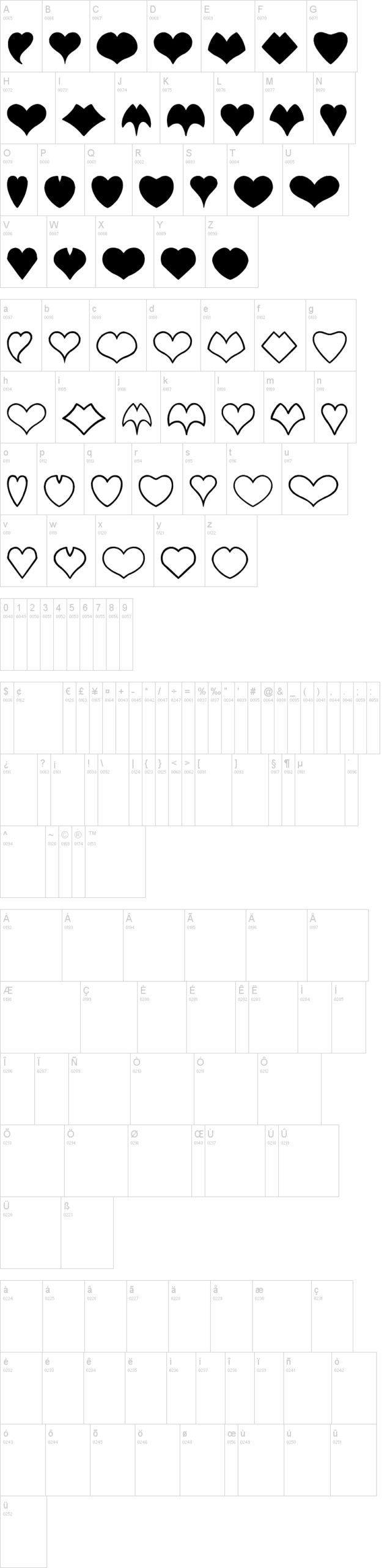 Heart Shapes 字体字形表