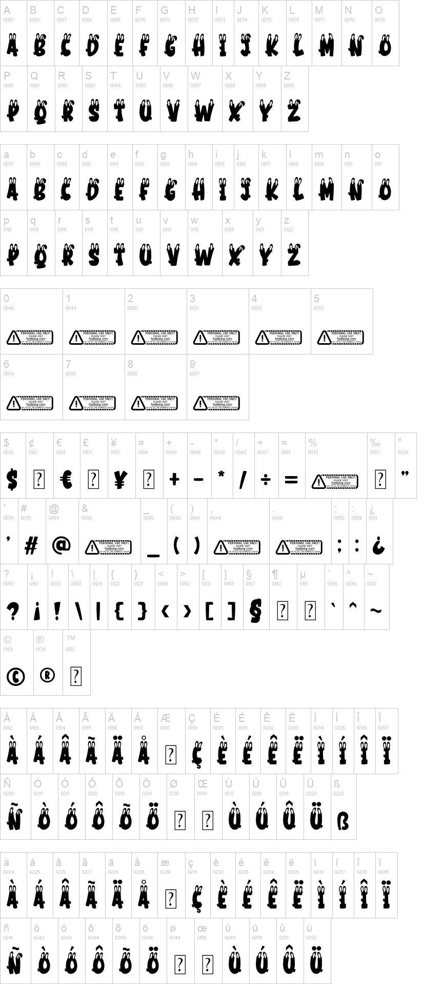 Bunny 字体字形表