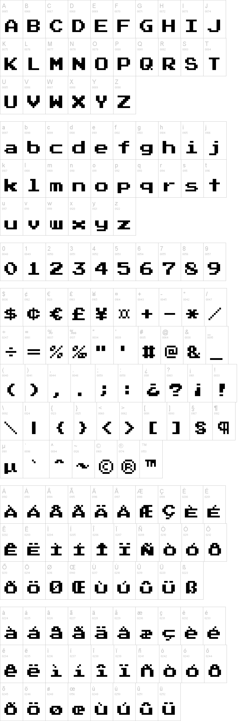 Press Start 2P 字体字形表