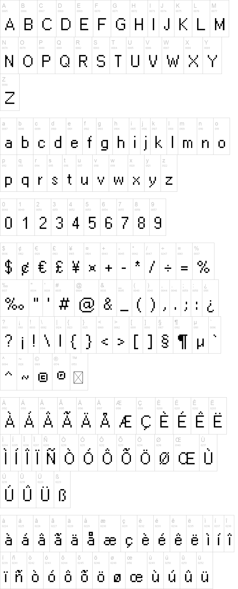 Ari-W9500 字体字形表