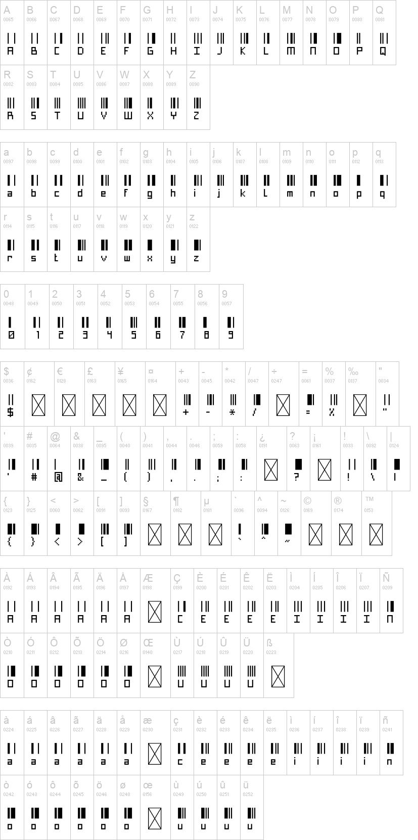 Pixelary 字体字形表