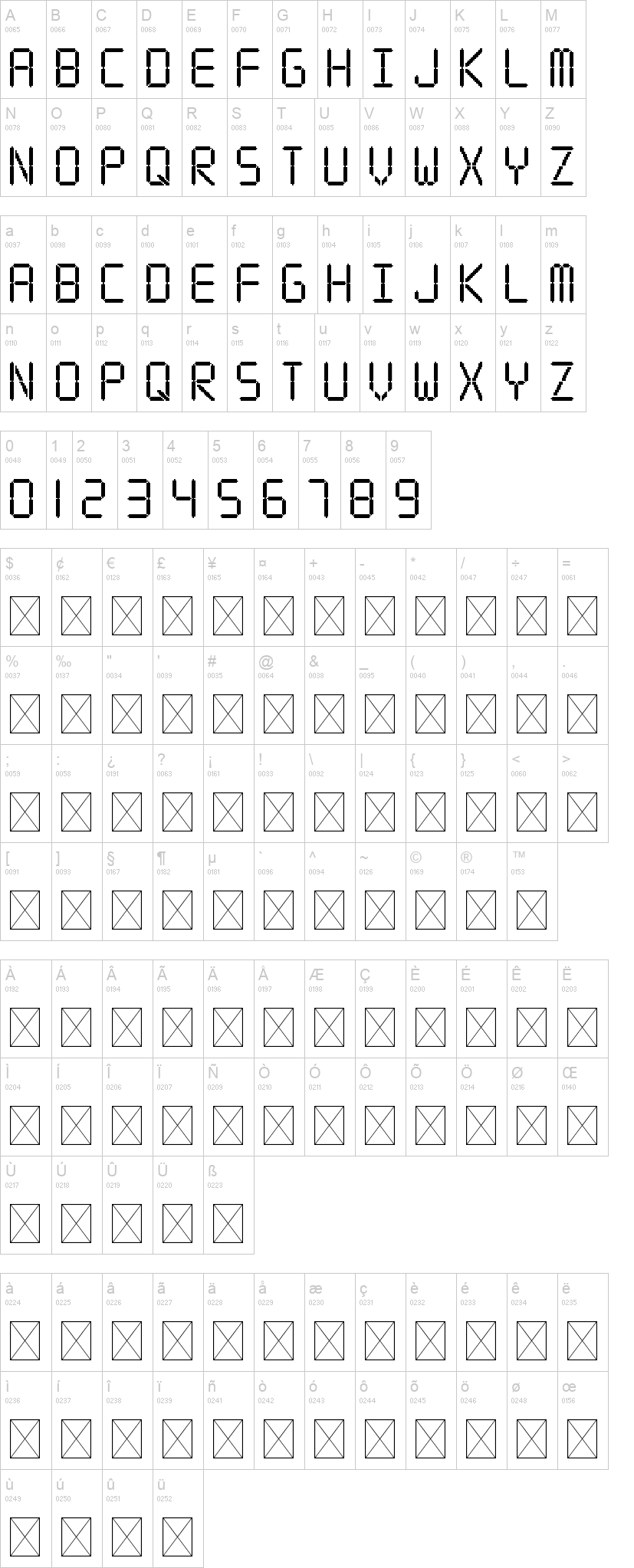 Digital Clock 字体字形表