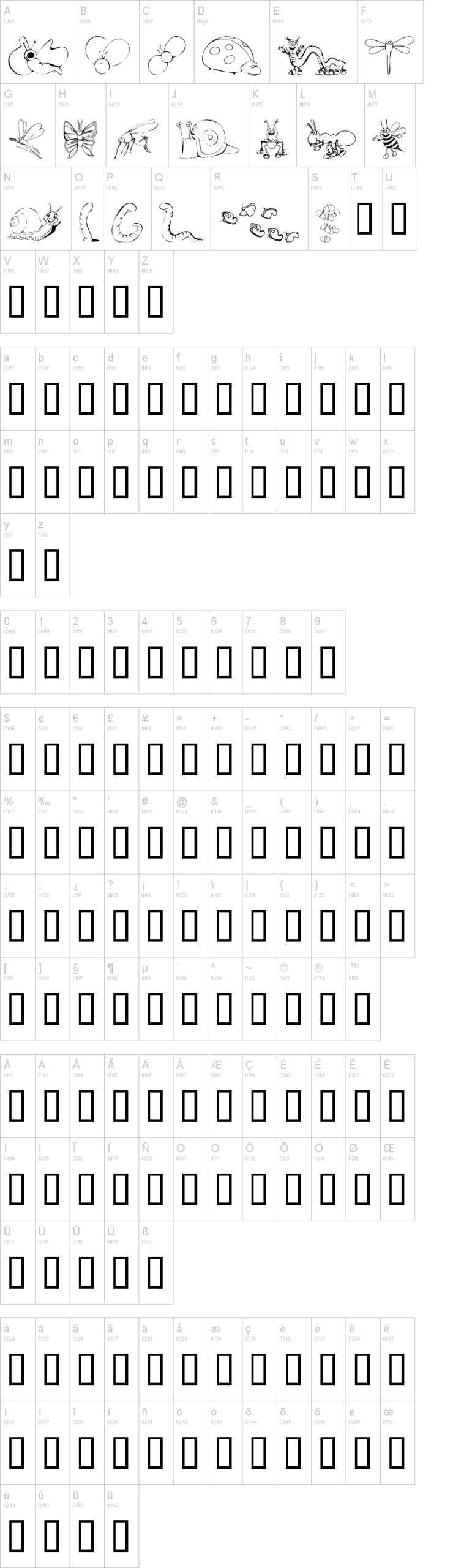 KR Cute As A Bug 字体字形表