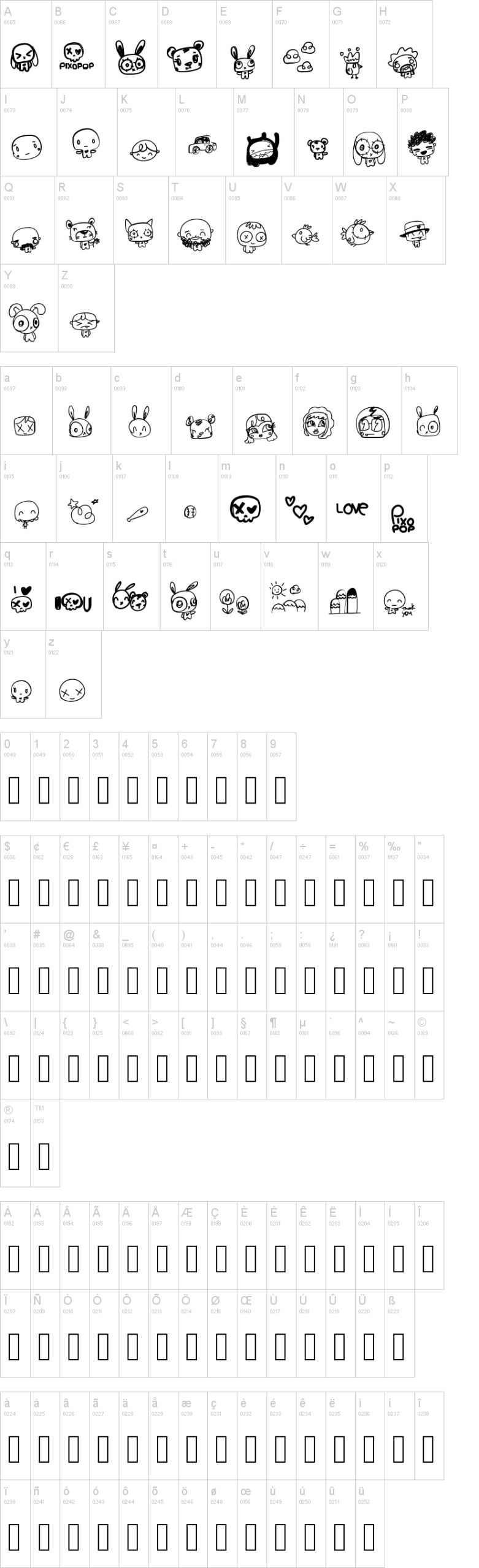 Pixopop Roughcut 字体字形表