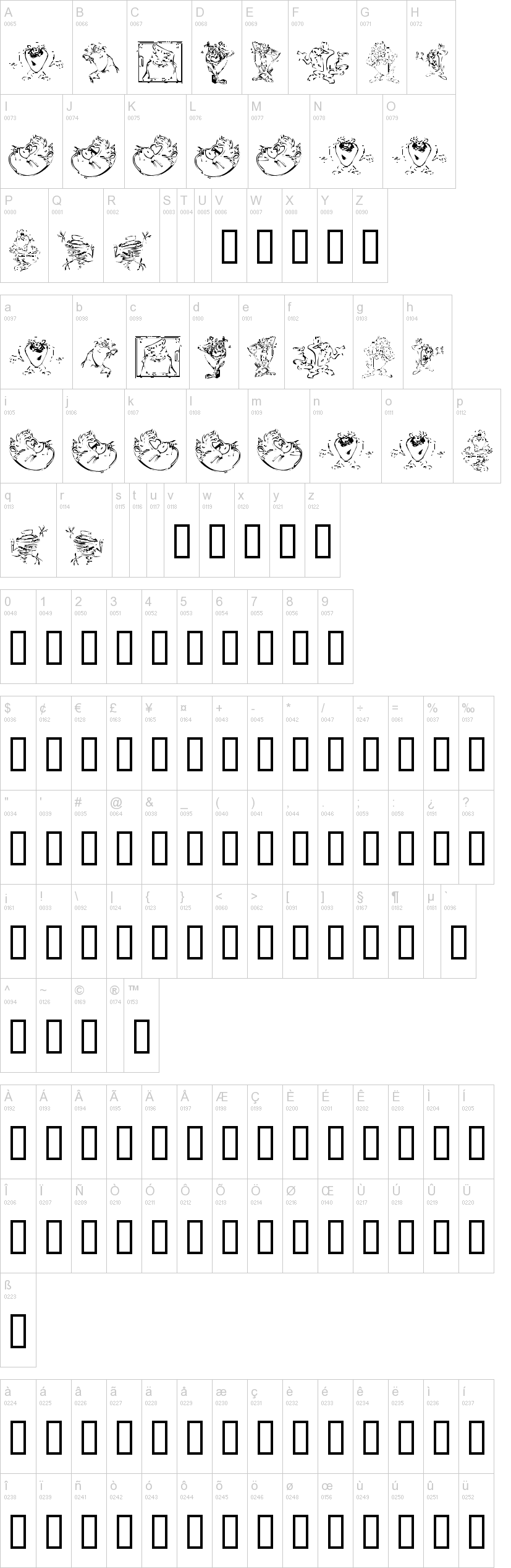 Taz the Devil 字体字形表