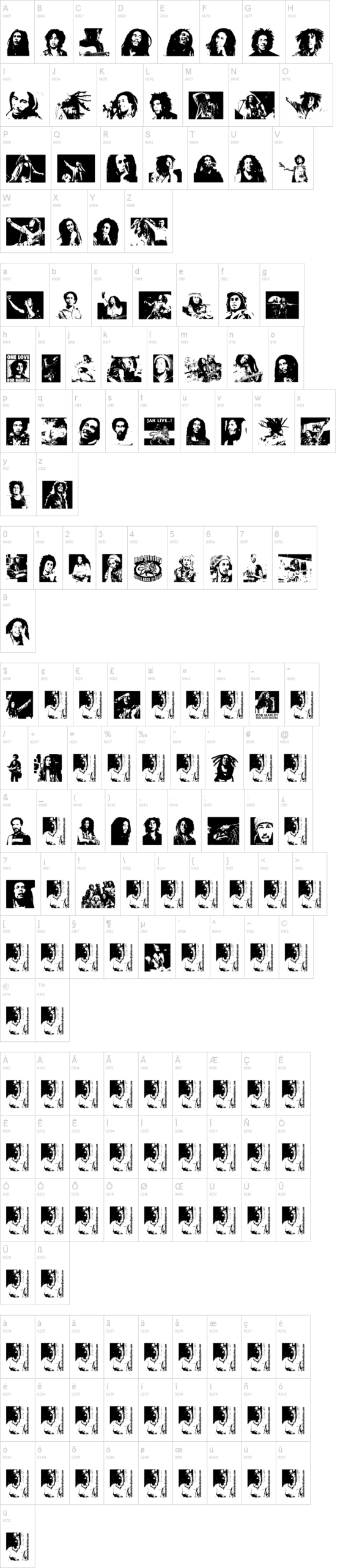 Bob Marley 字体字形表