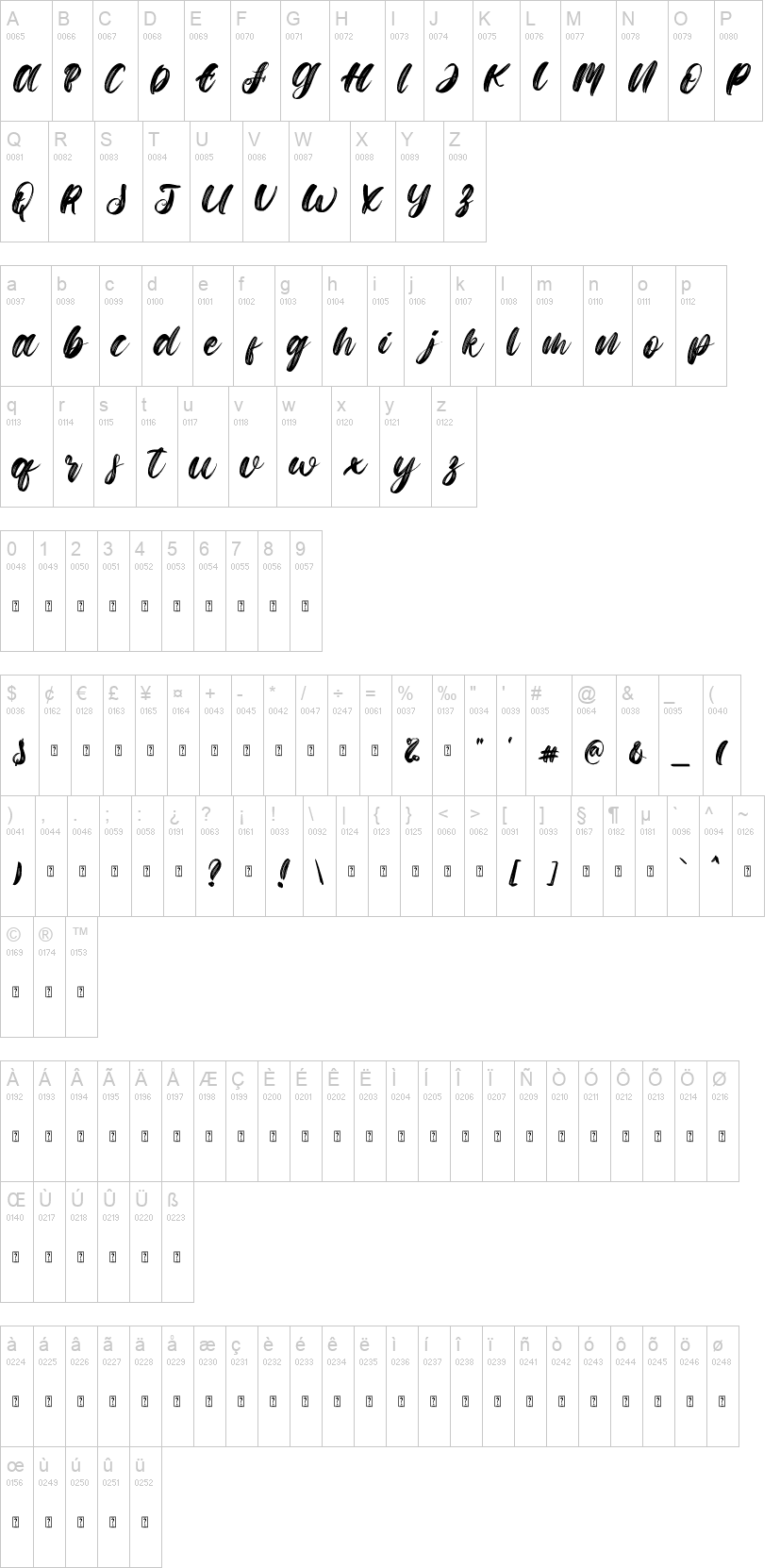 Gloria Santa 字体字形表