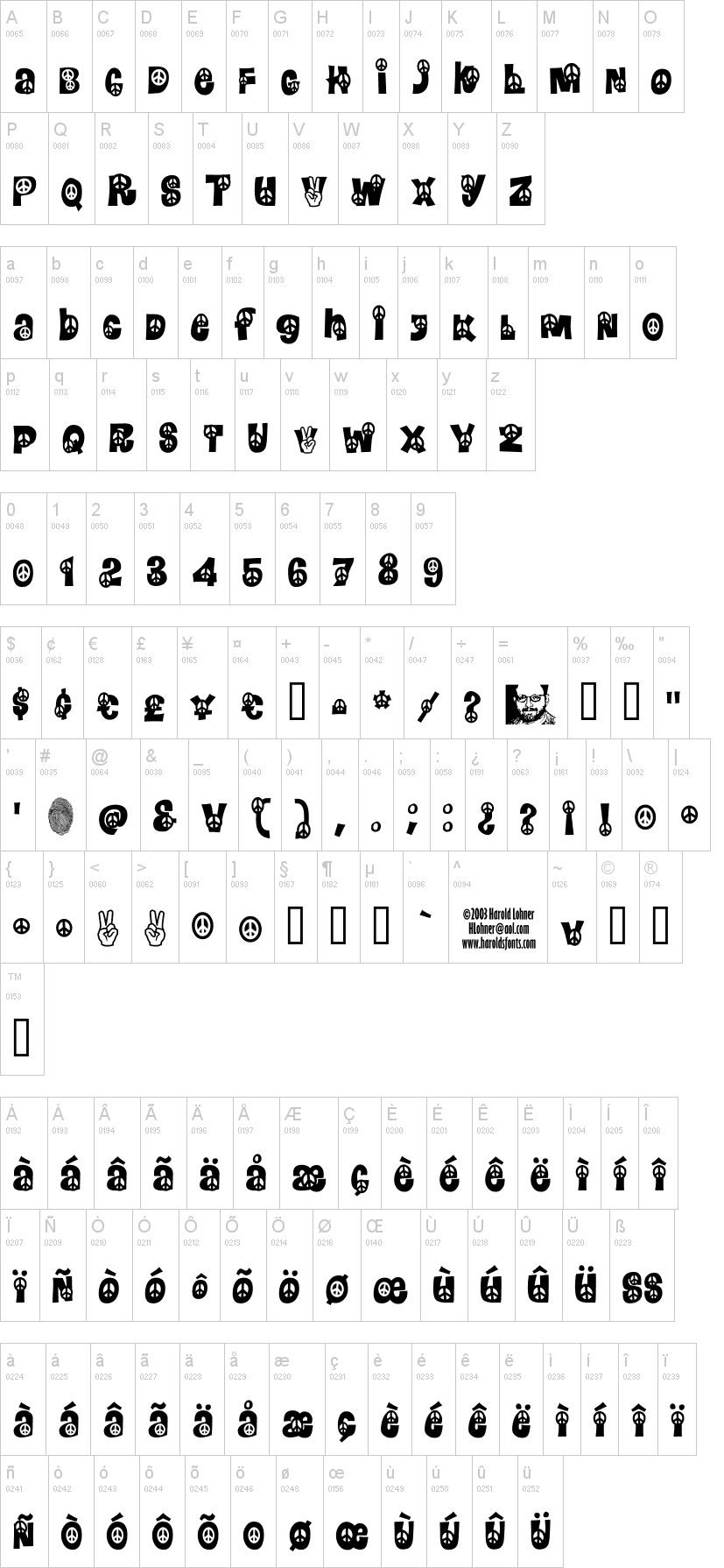 Peace 字体字形表
