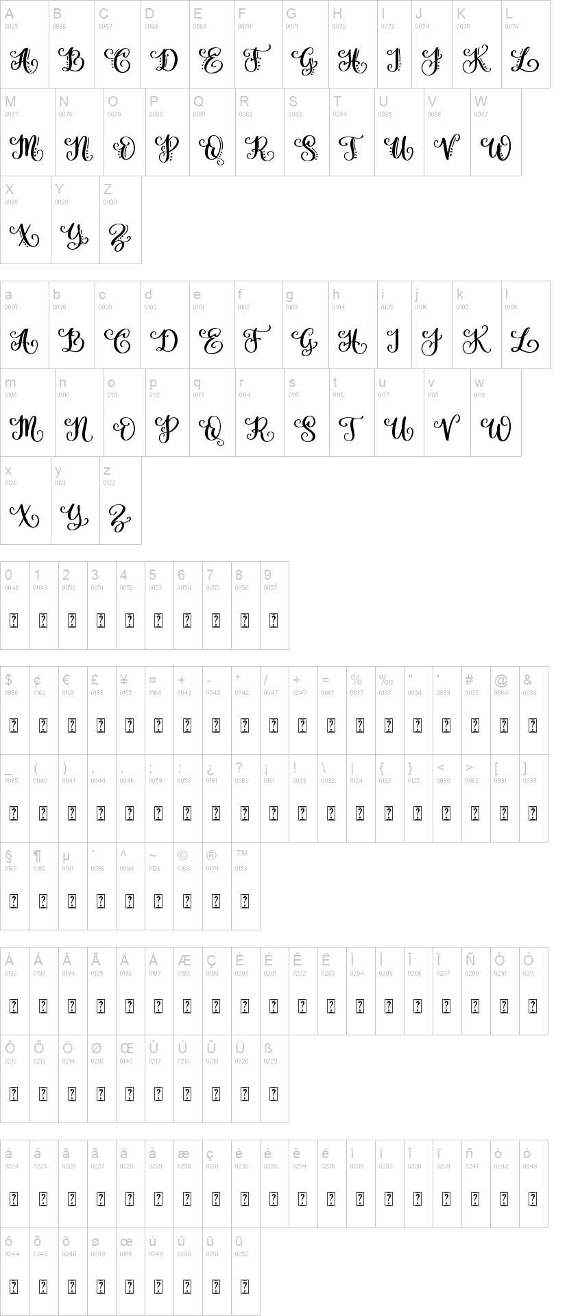 Amorah 字体字形表