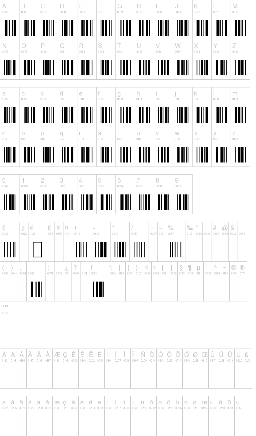 3 of 9 Barcode 字体字形表