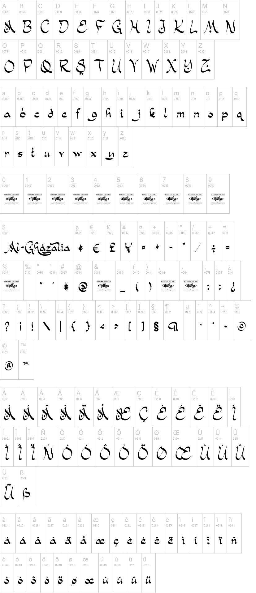 Al-Ghazalia 字体字形表