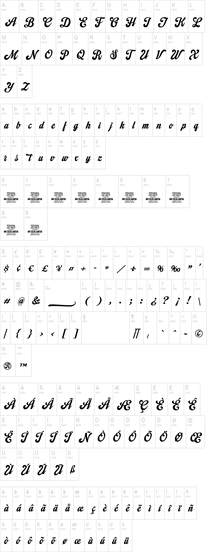 Alameda Script 字体字形表