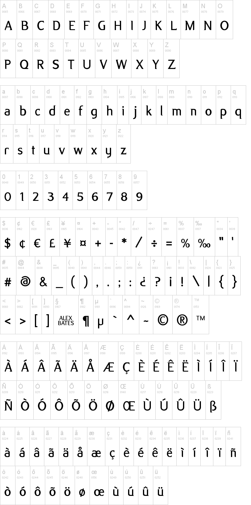 Alex 字体字形表