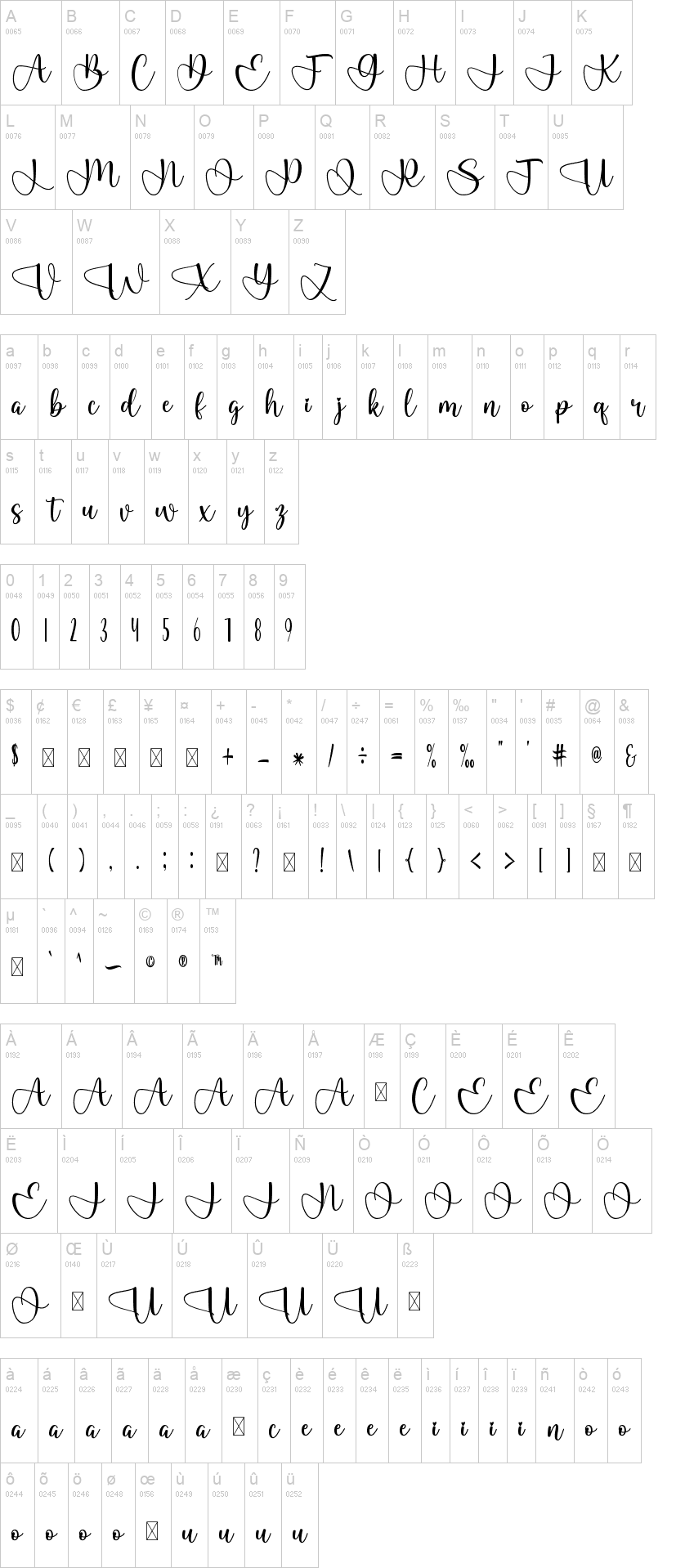 Alivia 字体字形表