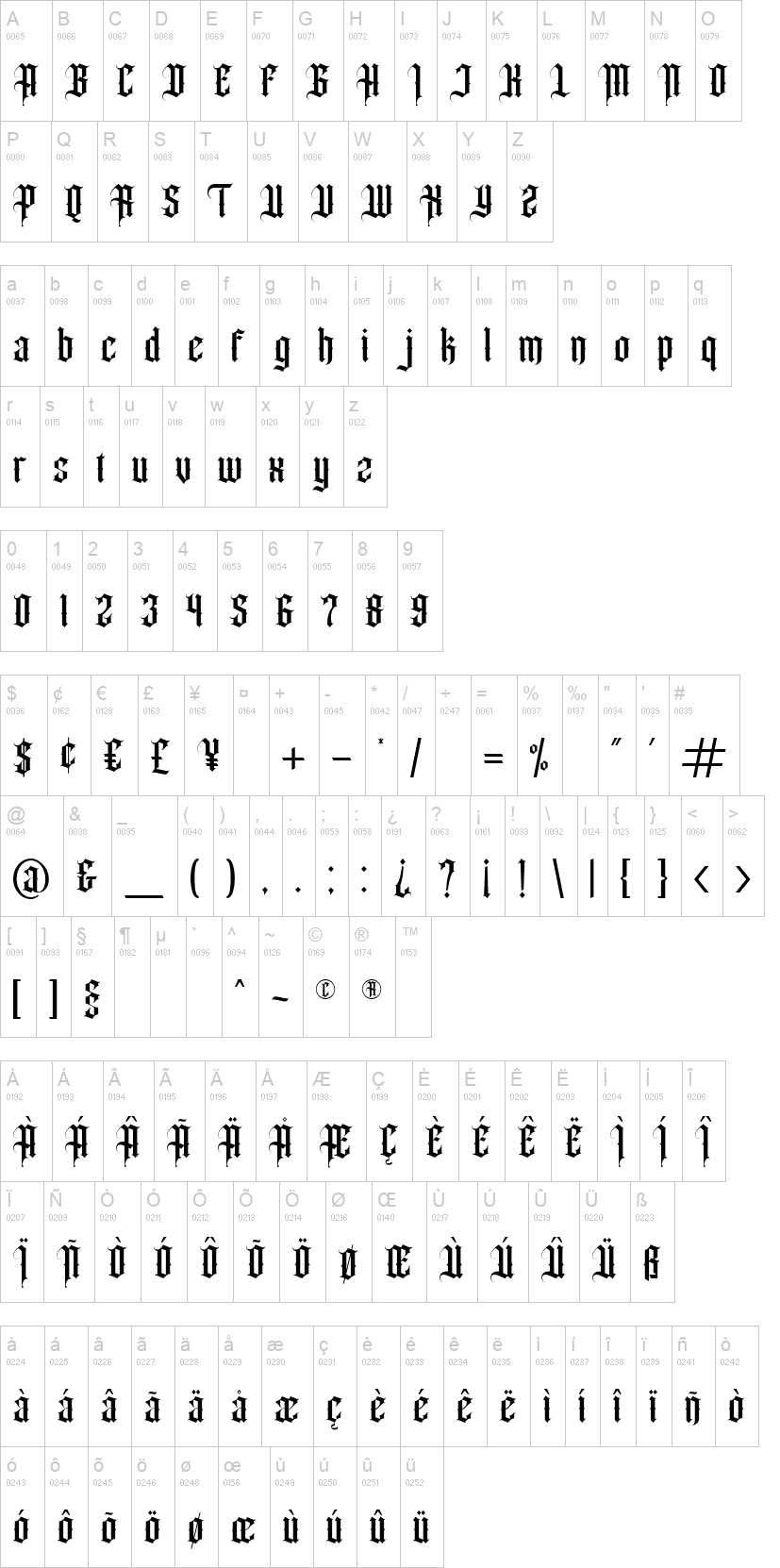 Angel Wish 字体字形表