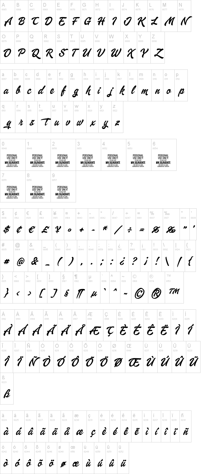 Aquate Script 字体字形表