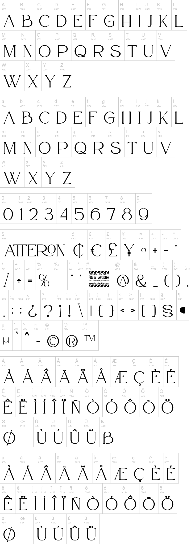 Atteron 字体字形表