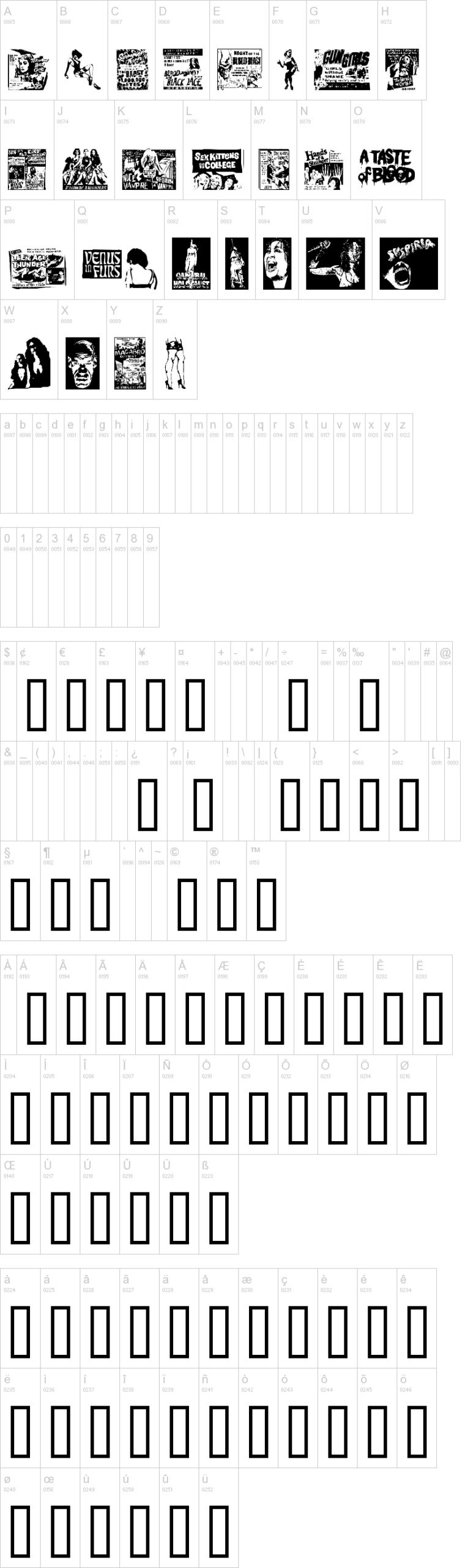 B Movie Dings 字体字形表
