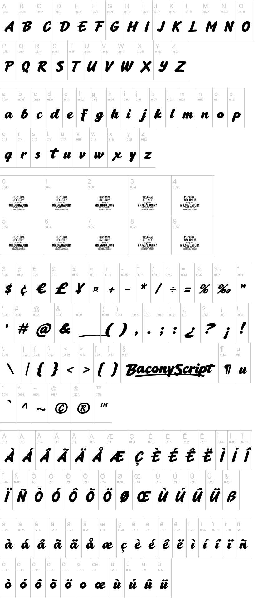 Bacony Script 字体字形表