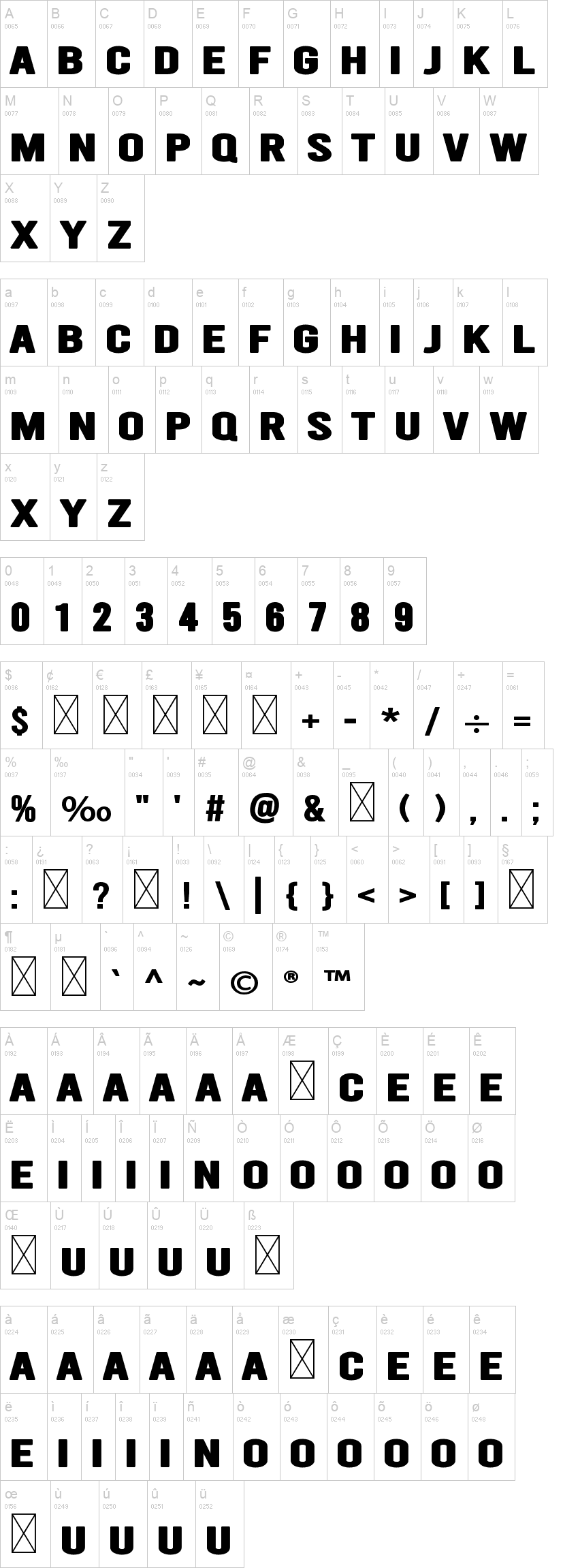 Bakery 字体字形表