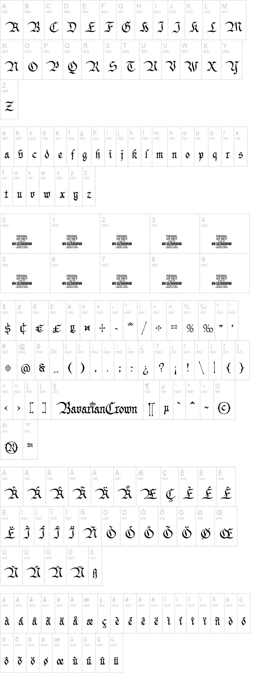 Bavarian Crown 字体字形表