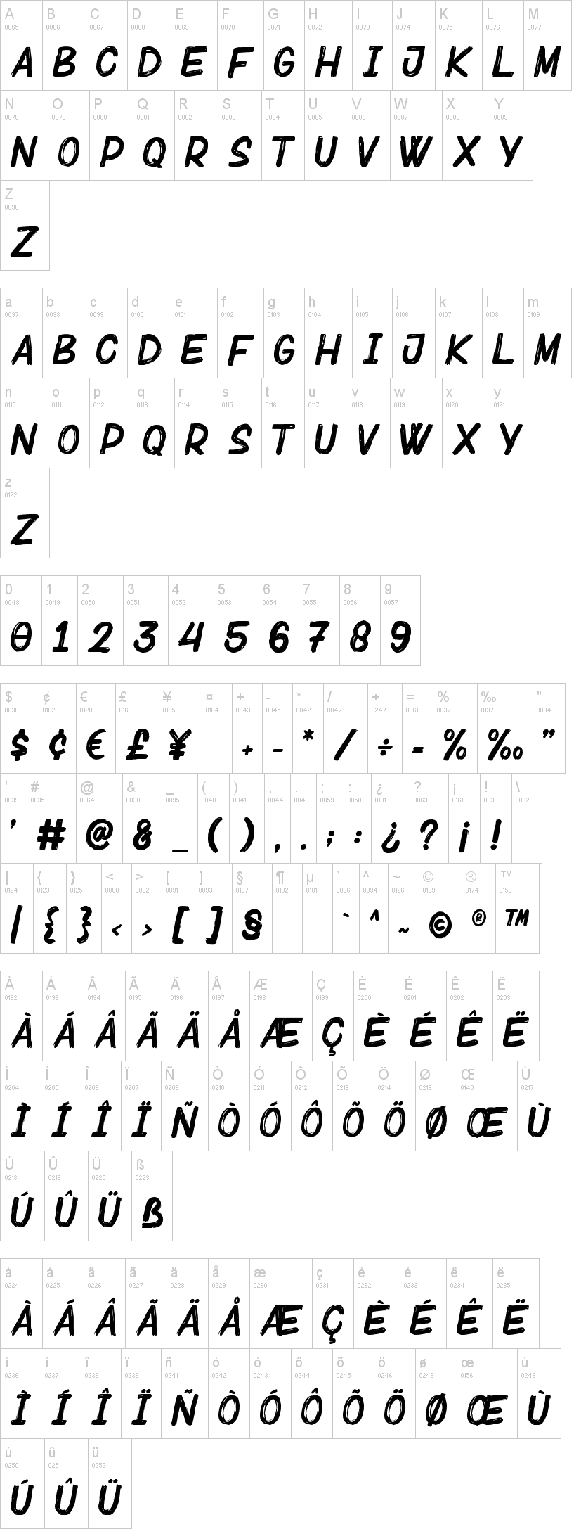Bebrush 字体字形表