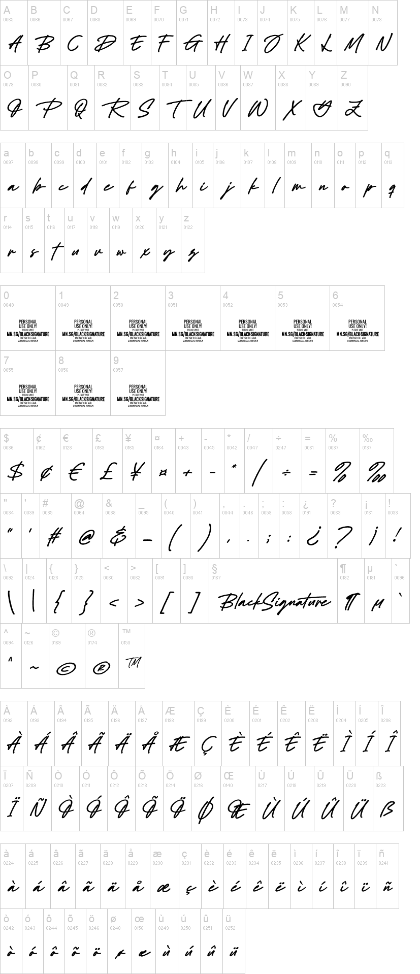 Black Signature 字体字形表