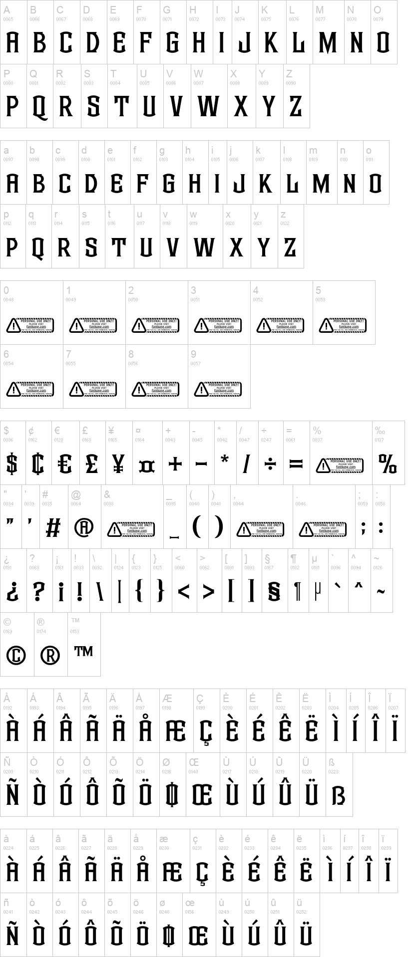 Blackward 字体字形表