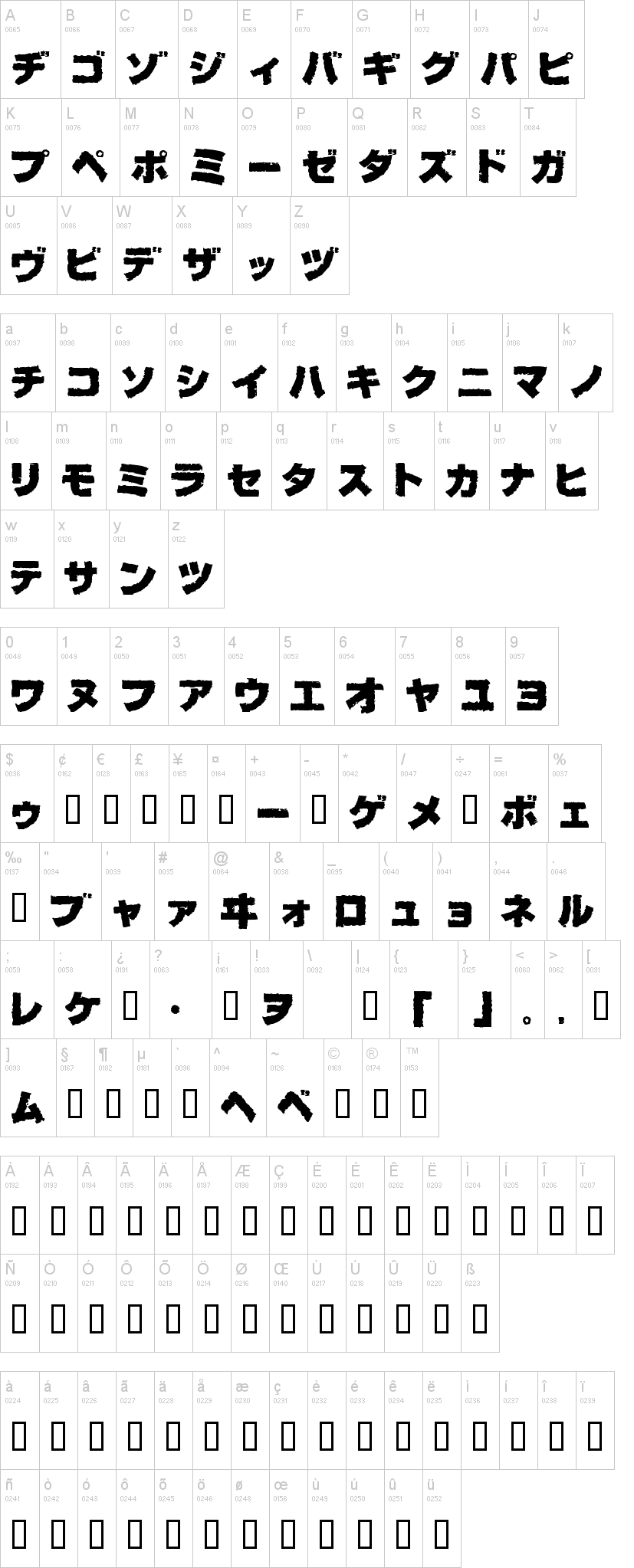 Bog 字体字形表