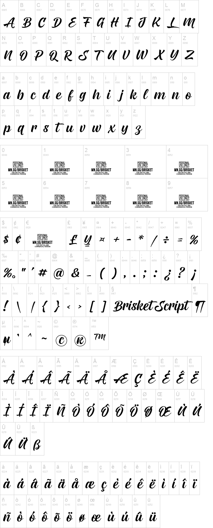 Brisket Script 字体字形表