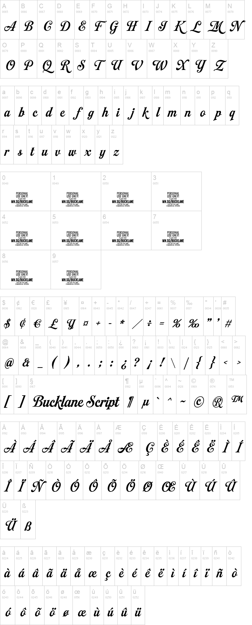 Bucklane Script 字体字形表