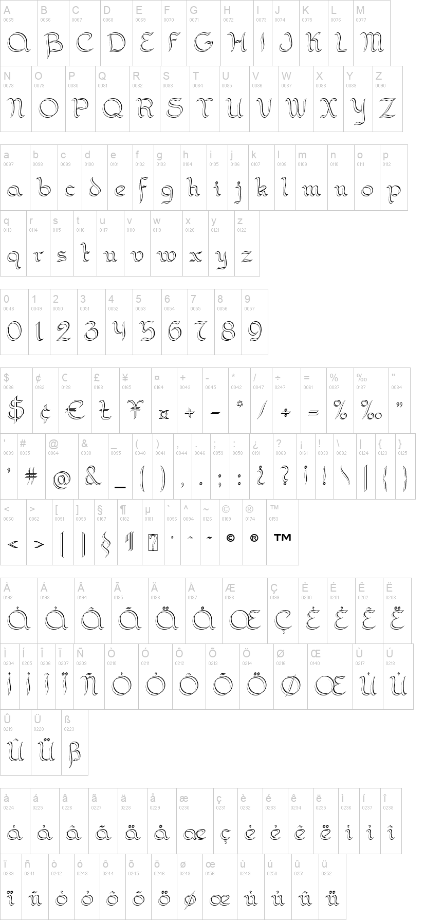 Calami 字体字形表