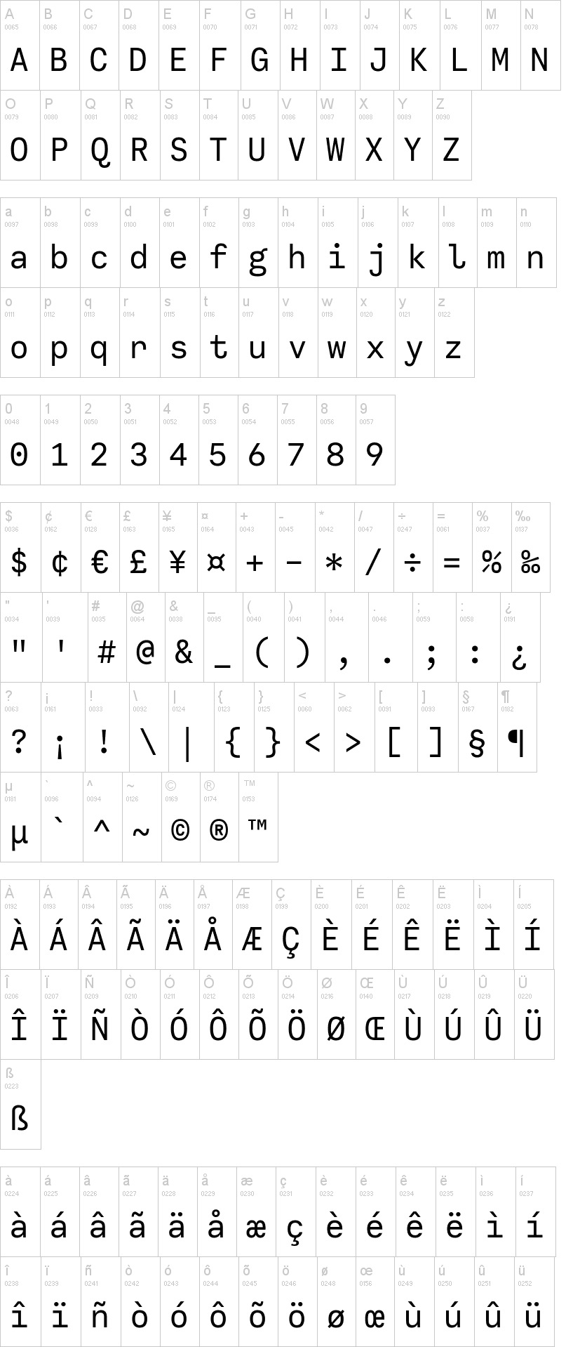 Calling Code 字体字形表