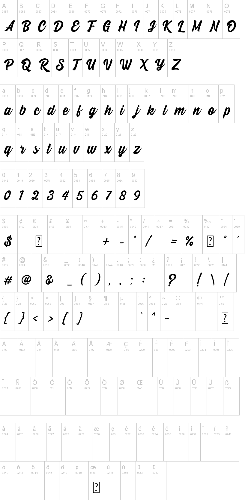 Calling Heart 字体字形表