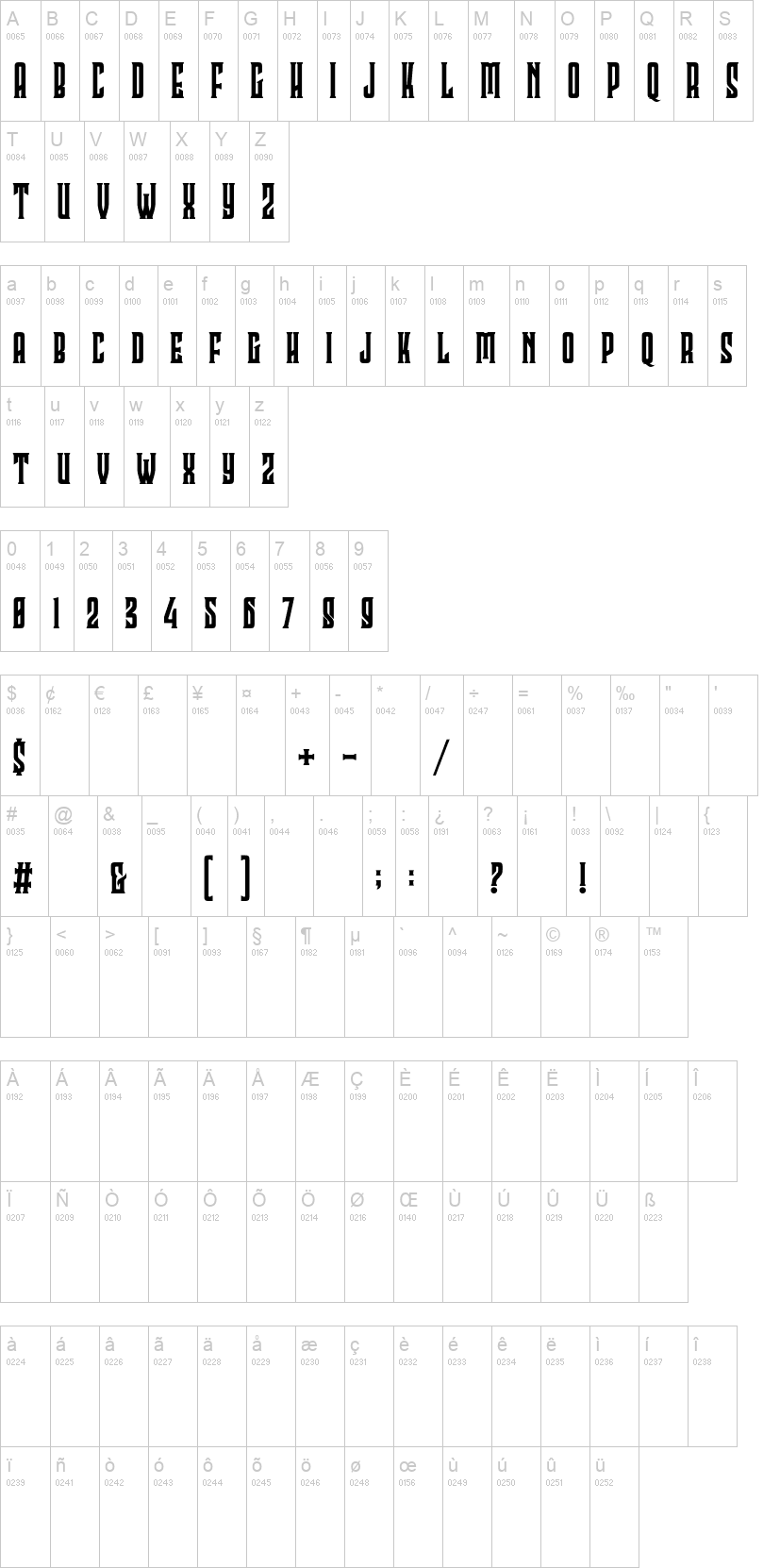 Callioca 字体字形表