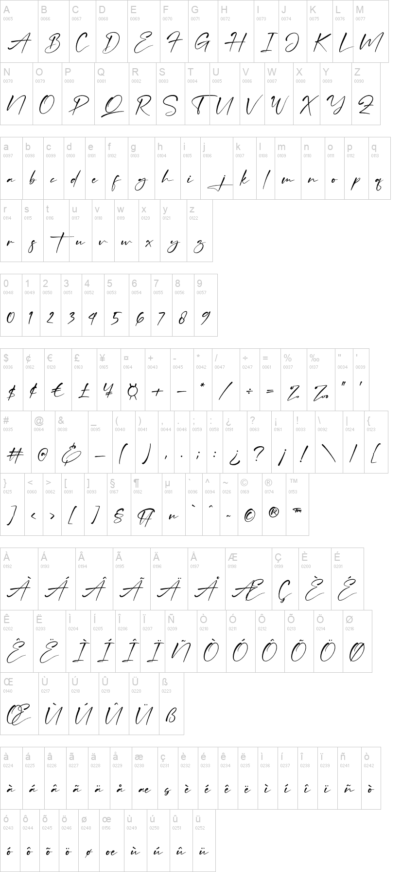 Callista 字体字形表