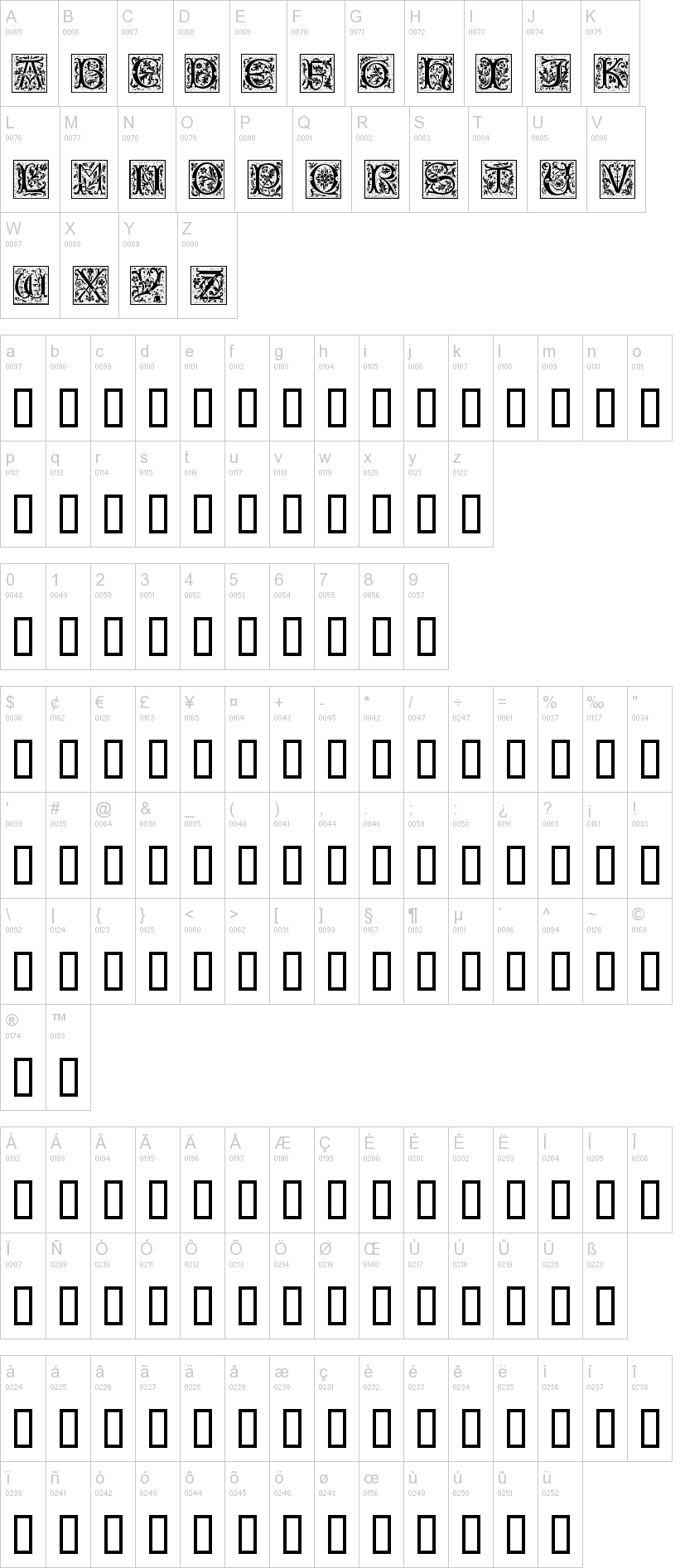 Camelot Caps 字体字形表